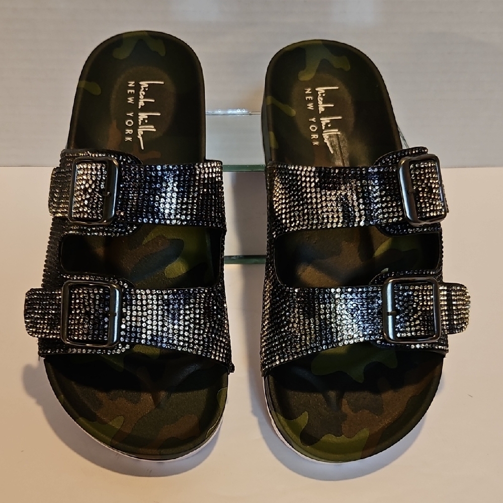 Green and Black Sandals with Rhinestone Embellishments
